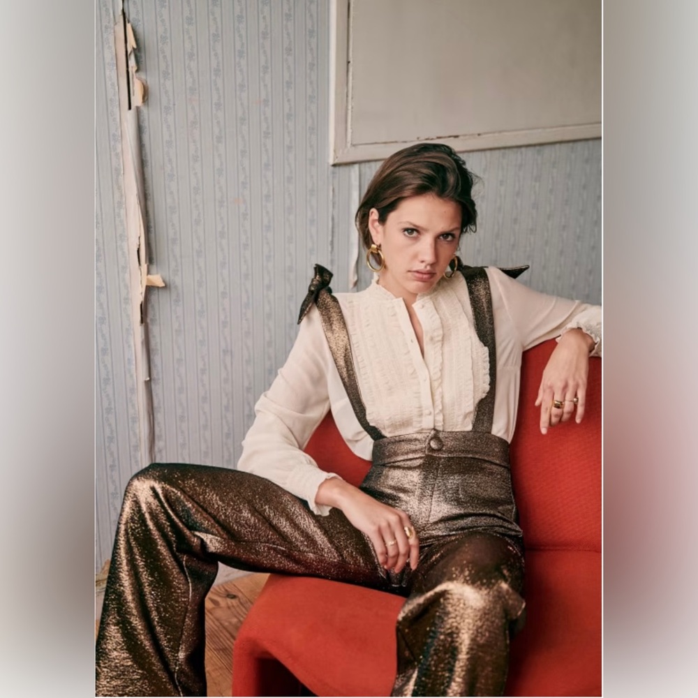 Sezane Pantalon Siloe Jumpsuit overall Pants in Bronze Gold brocade
